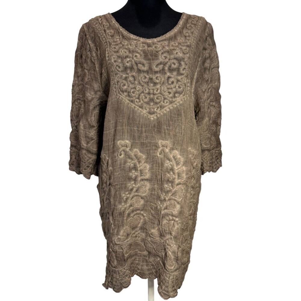 Simply Couture Tunic Top Blouse Khaki Embroidered Lace Women’s M Medium NEW
